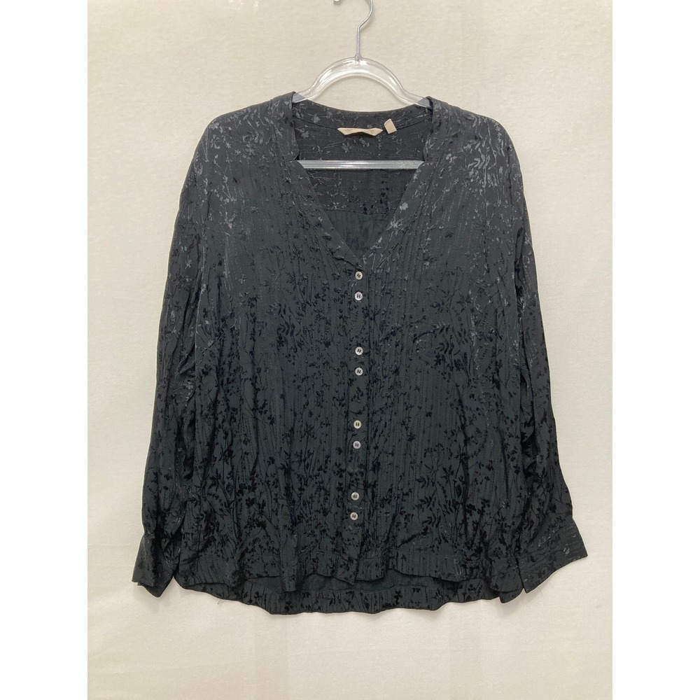 Soft Surroundings Blouse 1X Black Floral Jacquard Button Down V-Neck Long Sleeve